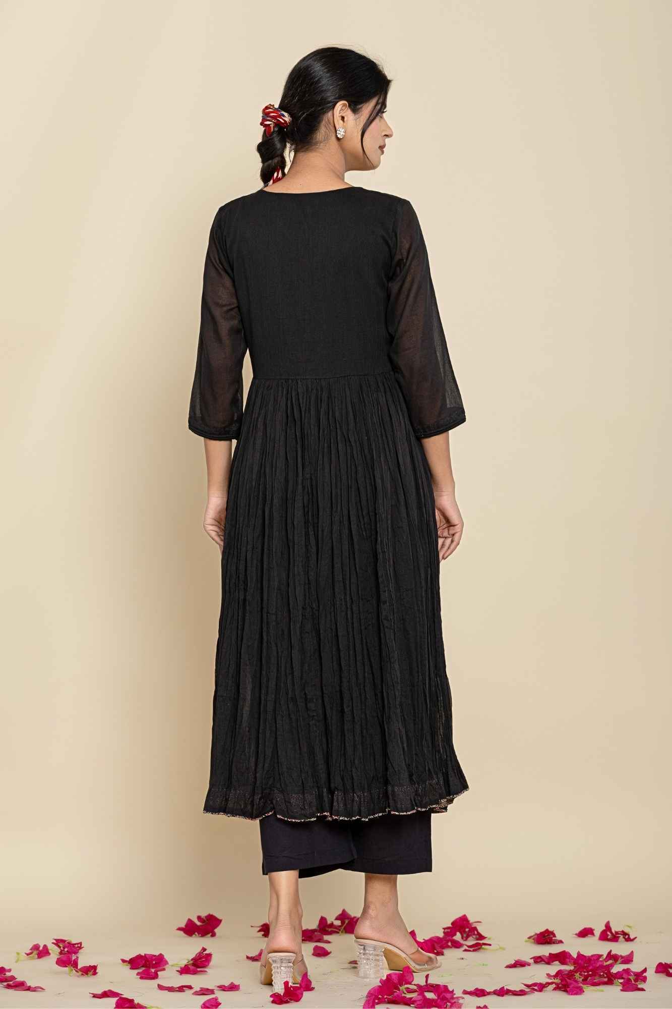 (Set of 2) Naksh Black Cotton Gathered Kurta And Pants