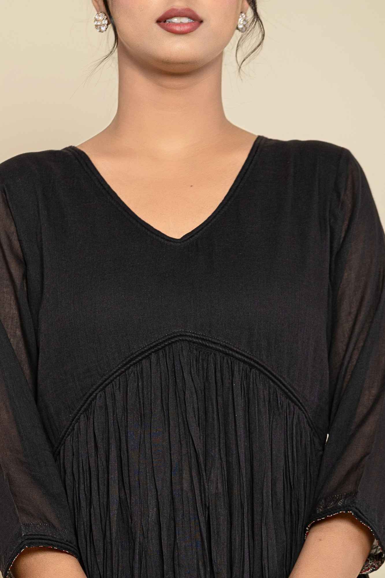 (Set of 2) Naksh Black Cotton Gathered Kurta And Pants