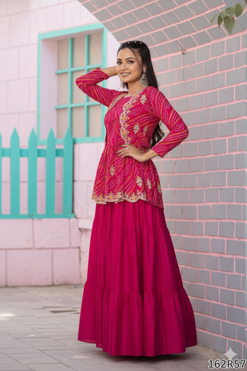 Tritiyaa Holi Special Bandhej Lehenga Crop Top Jacket Set | Embroidered Festive Collection