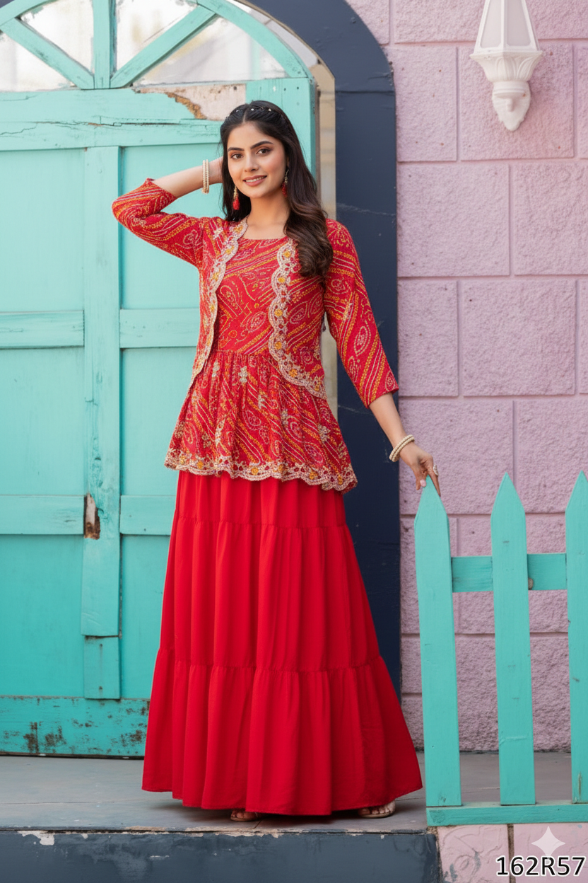 Tritiyaa Holi Special Bandhej Lehenga Crop Top Jacket Set | Embroidered Festive Collection
