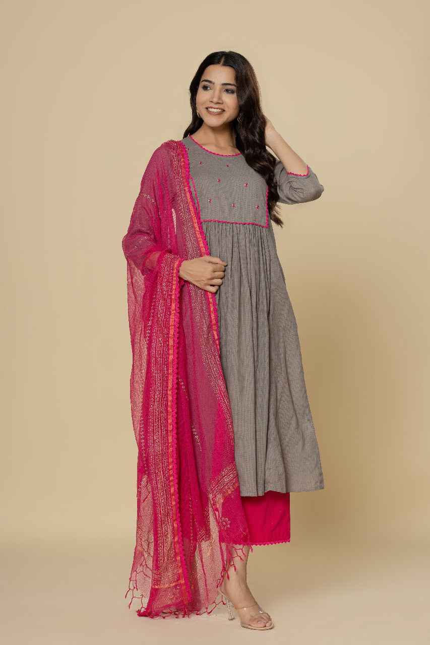 (Set of 3) Naksh Grey Pink Gathered Kurta