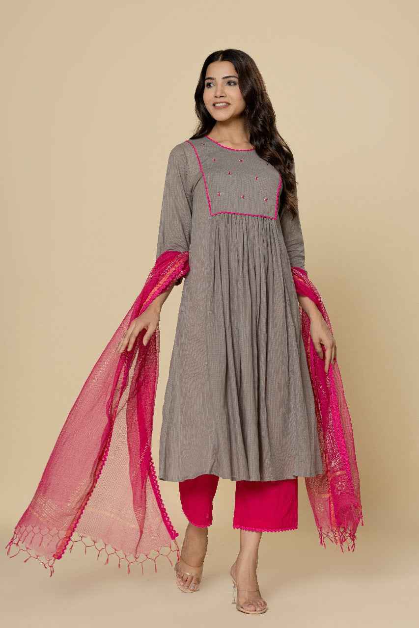 (Set of 3) Naksh Grey Pink Gathered Kurta