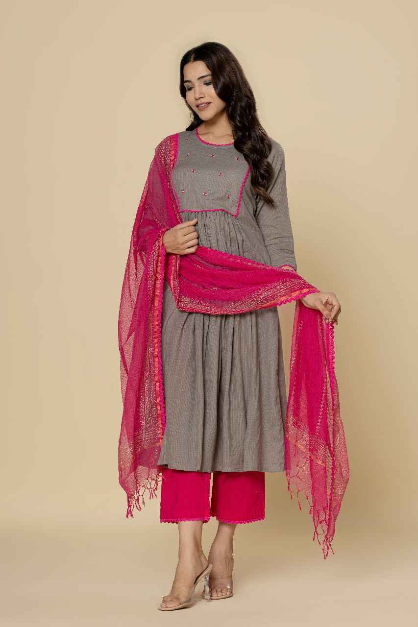 (Set of 3) Naksh Grey Pink Gathered Kurta