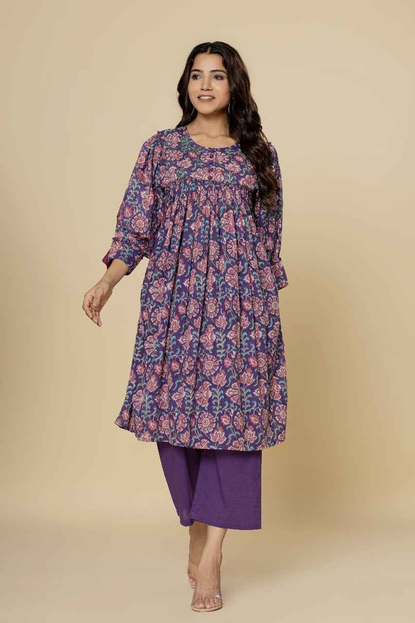 (Set of 2) Naksh Purple Gathered Kurta and Pants