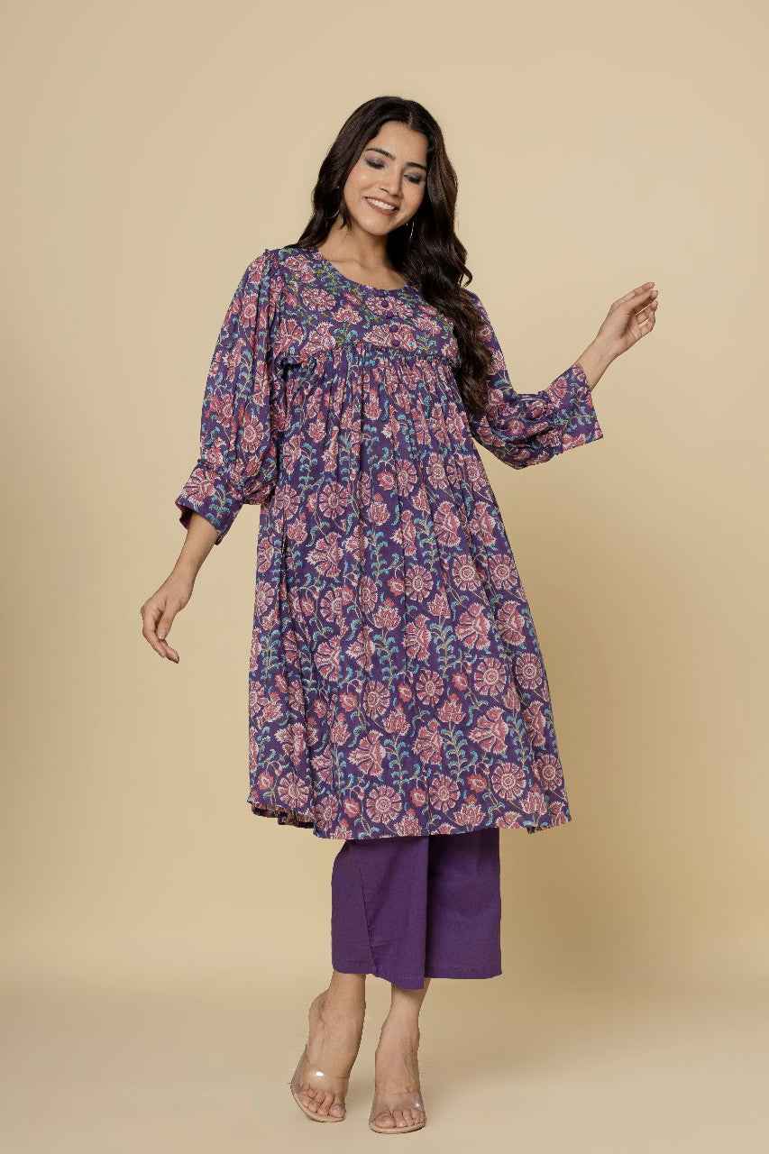 (Set of 2) Naksh Purple Gathered Kurta and Pants