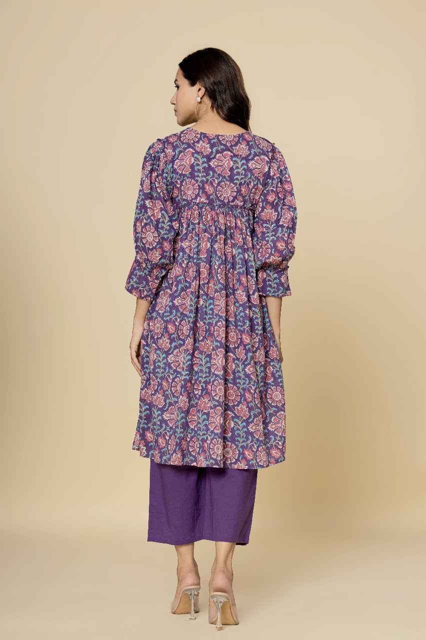 (Set of 2) Naksh Purple Gathered Kurta and Pants