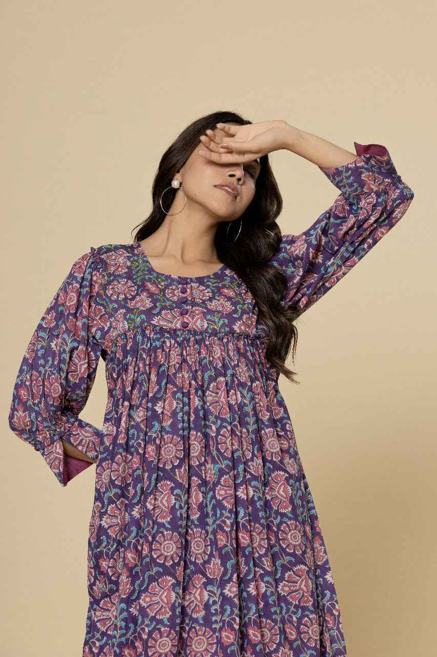 (Set of 2) Naksh Purple Gathered Kurta and Pants