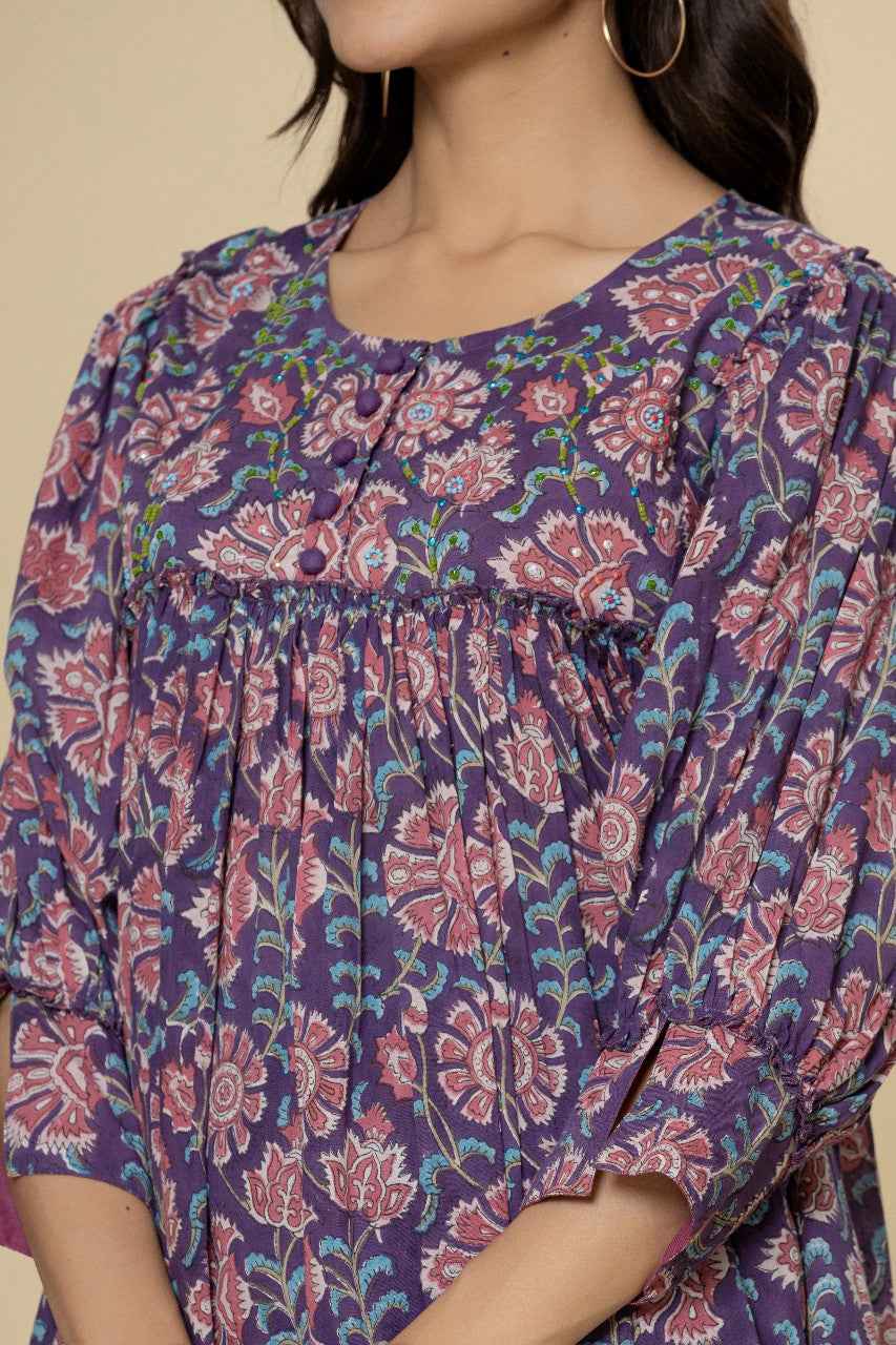 (Set of 2) Naksh Purple Gathered Kurta and Pants