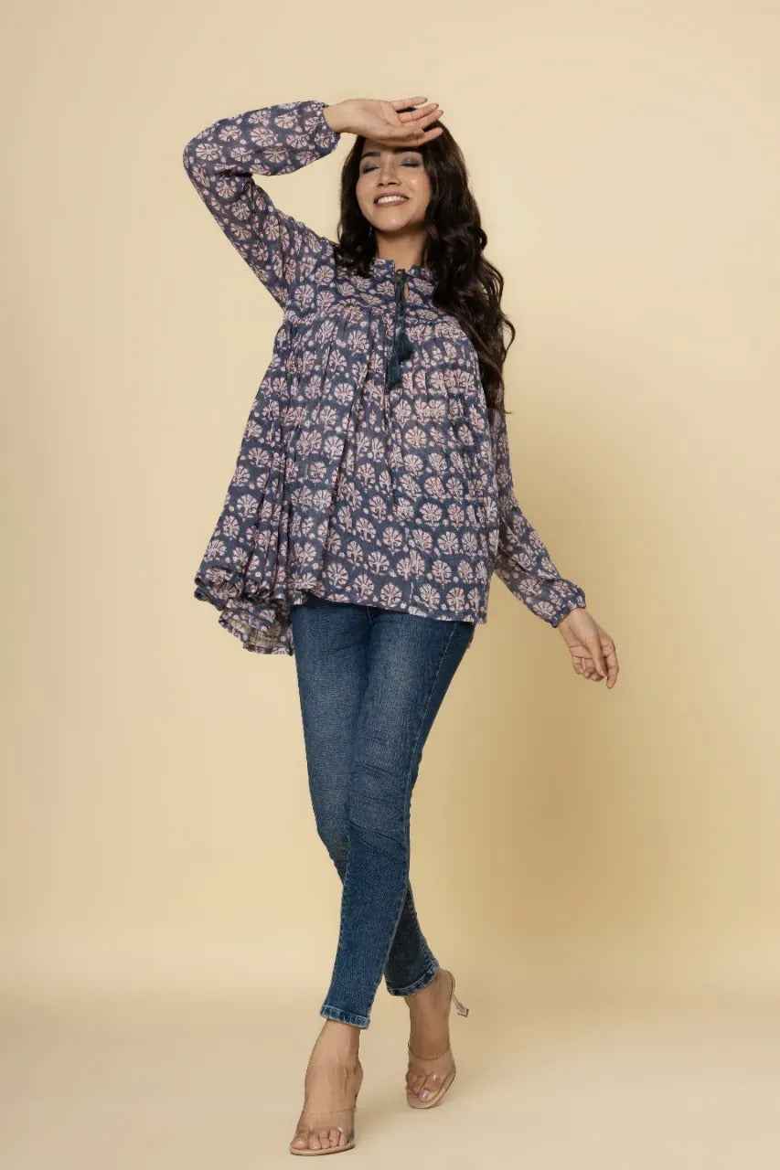 Naksh Grey Booti Block Printed Short Gathered Kurti