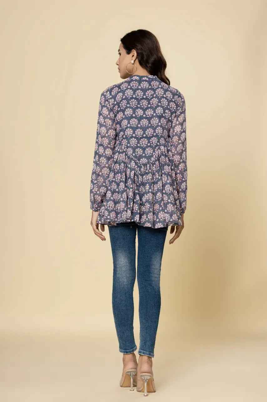 Naksh Grey Booti Block Printed Short Gathered Kurti