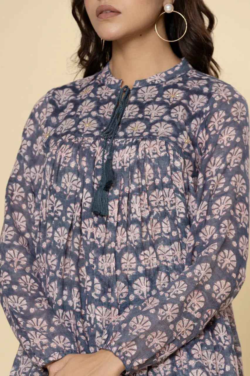 Naksh Grey Booti Block Printed Short Gathered Kurti
