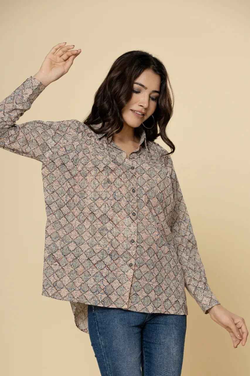 Naksh Block Printed Checked Short Shirt