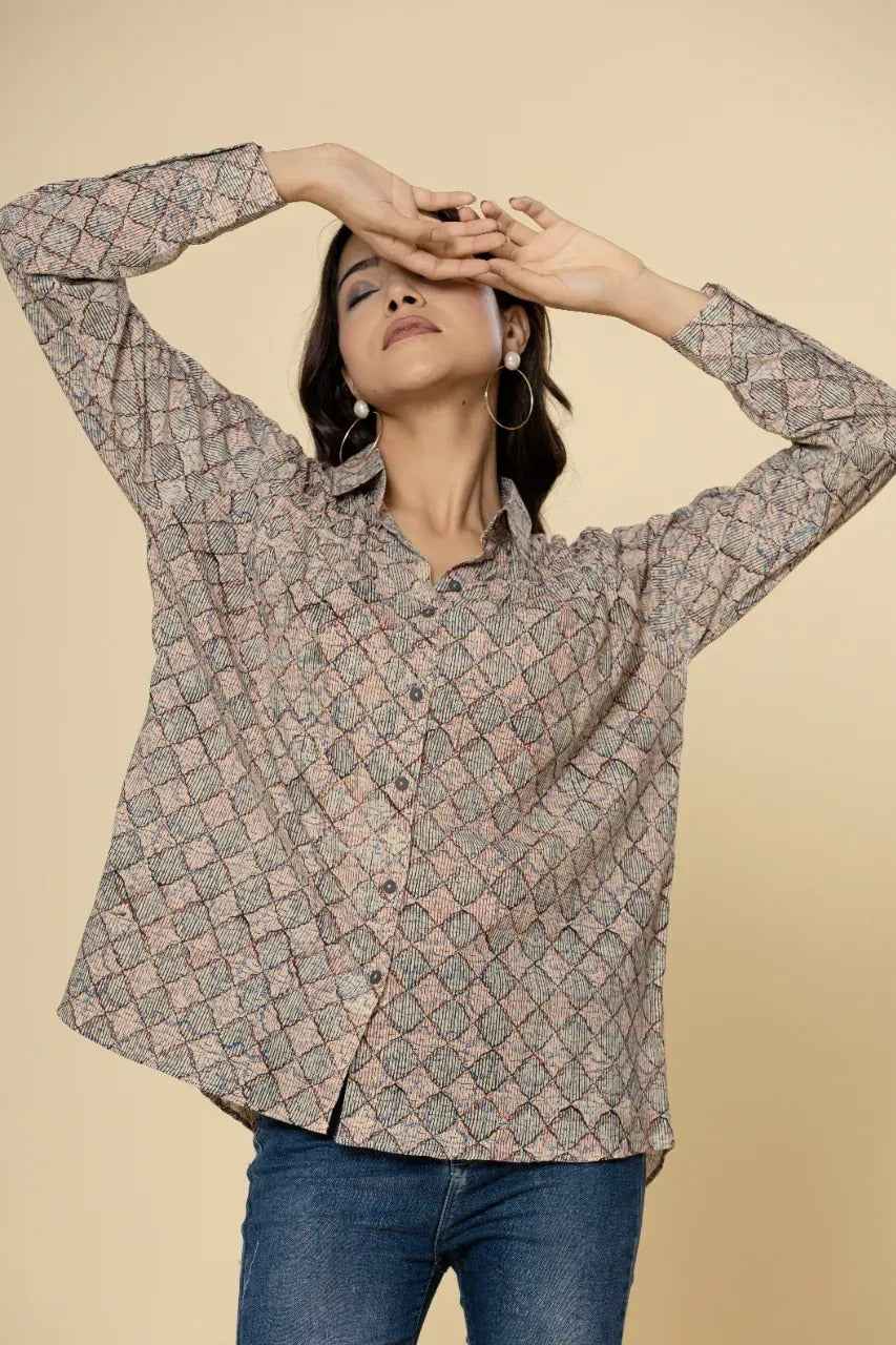 Naksh Block Printed Checked Short Shirt