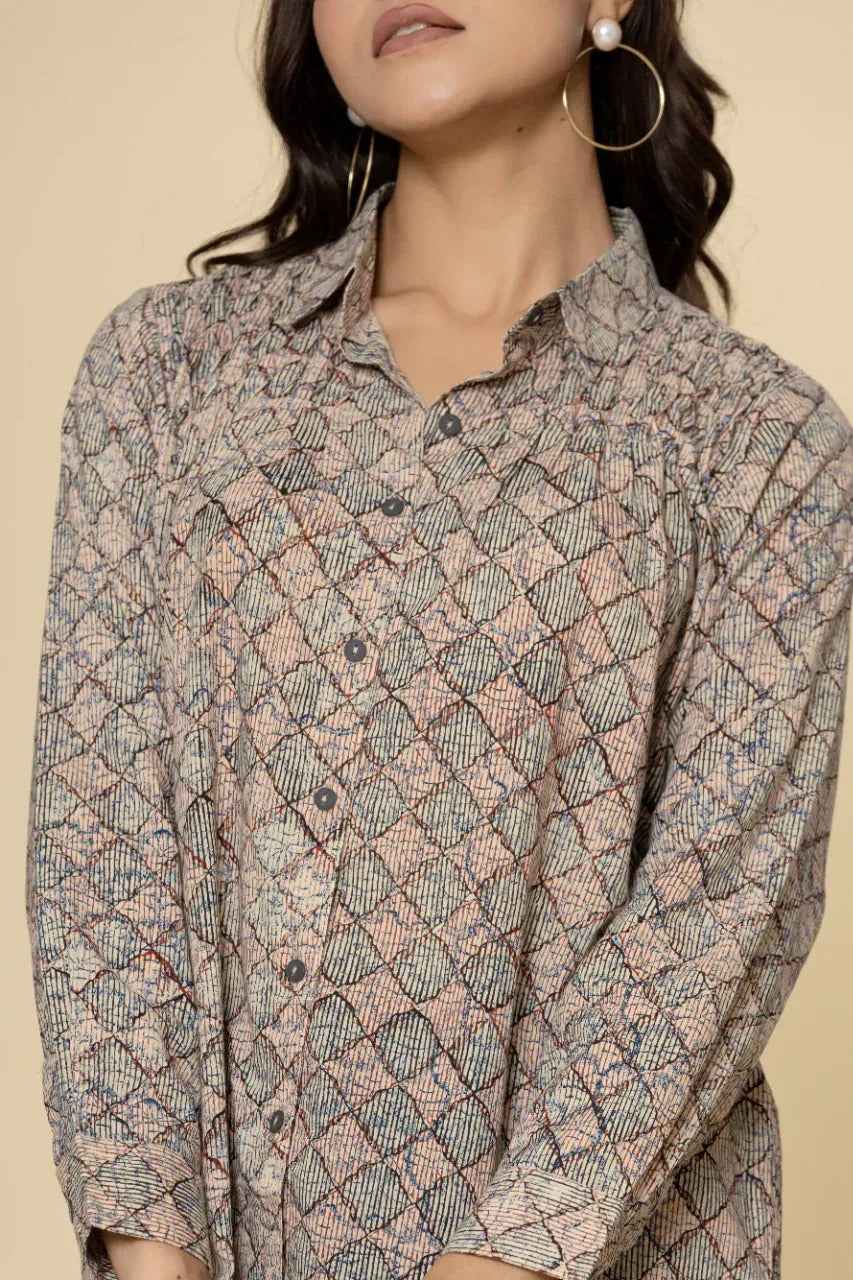 Naksh Block Printed Checked Short Shirt