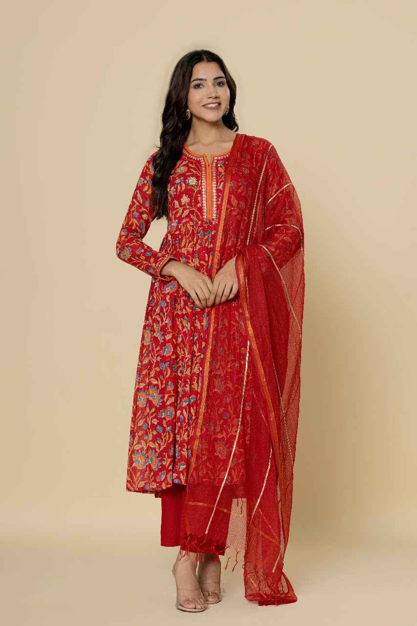 (Set of 3) Naksh Red Kalidar Kurta