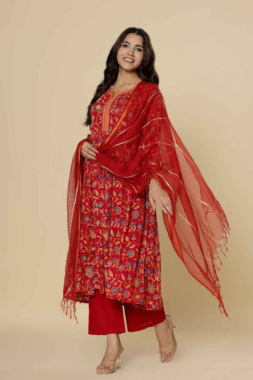 (Set of 3) Naksh Red Kalidar Kurta