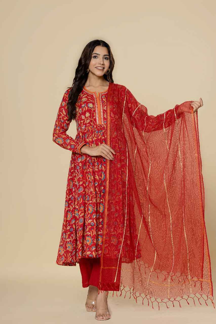 (Set of 3) Naksh Red Kalidar Kurta