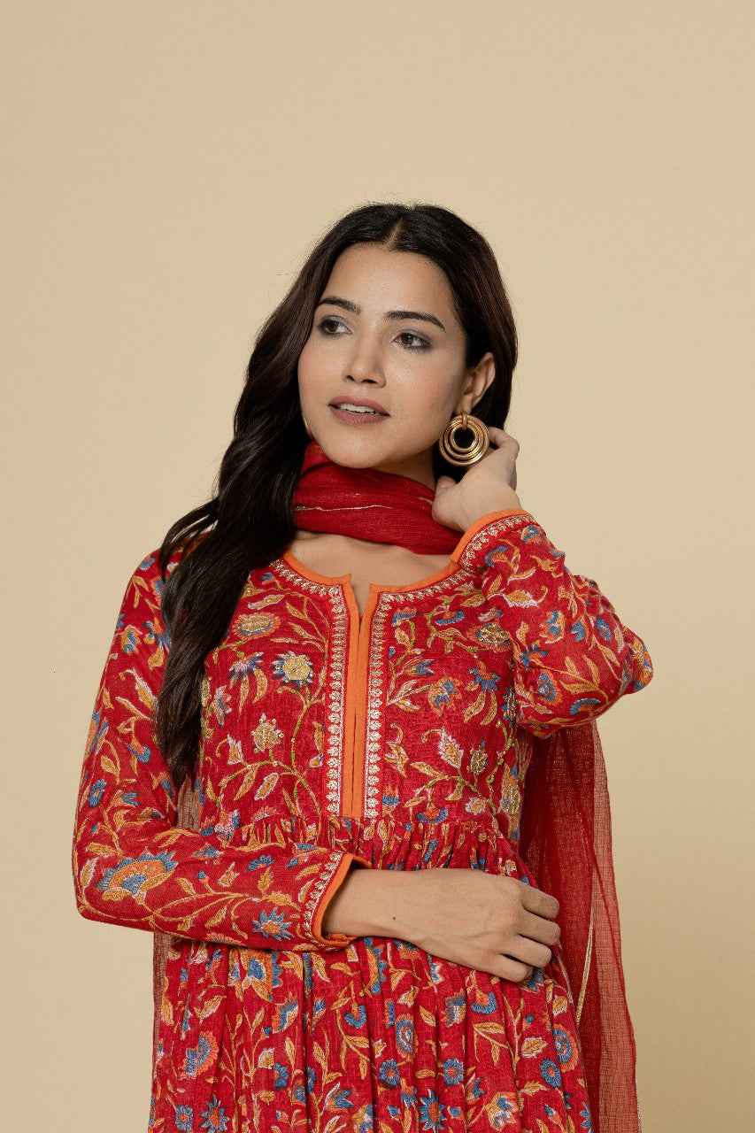 (Set of 3) Naksh Red Kalidar Kurta