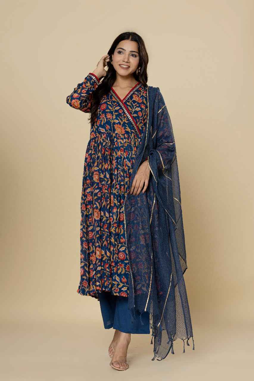 (Set of 3) Naksh Dark Blue Kalidar Kurta