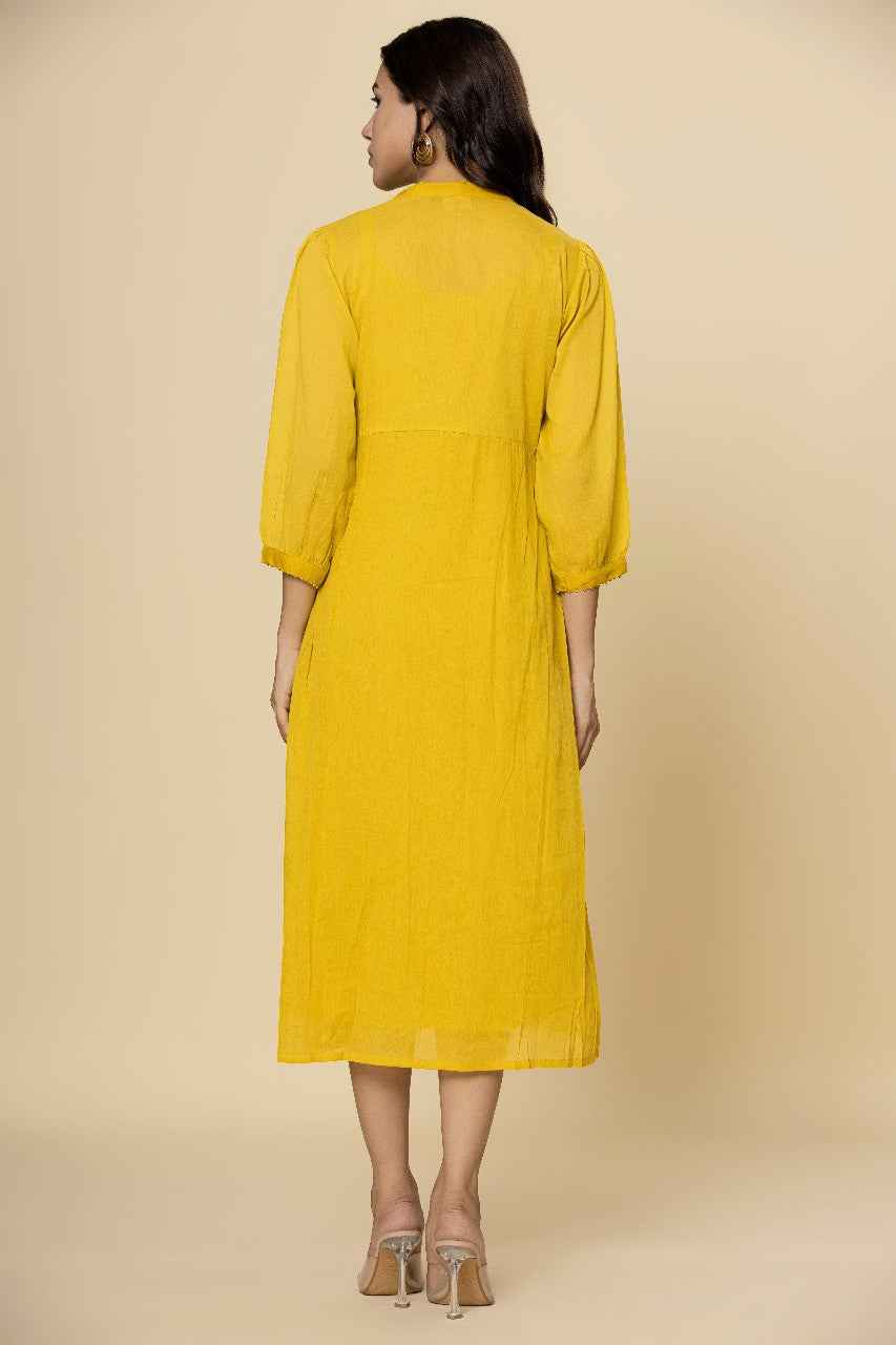 Naksh Yellow Mulmul Gathered Kurta-Dress