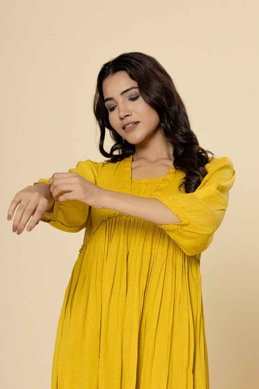 Naksh Yellow Mulmul Gathered Kurta-Dress