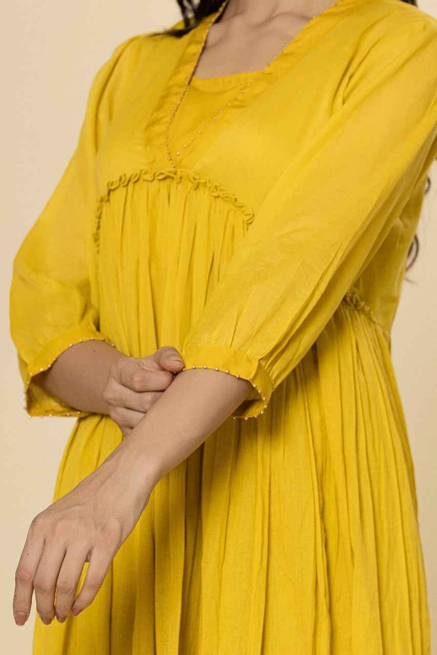 Naksh Yellow Mulmul Gathered Kurta-Dress