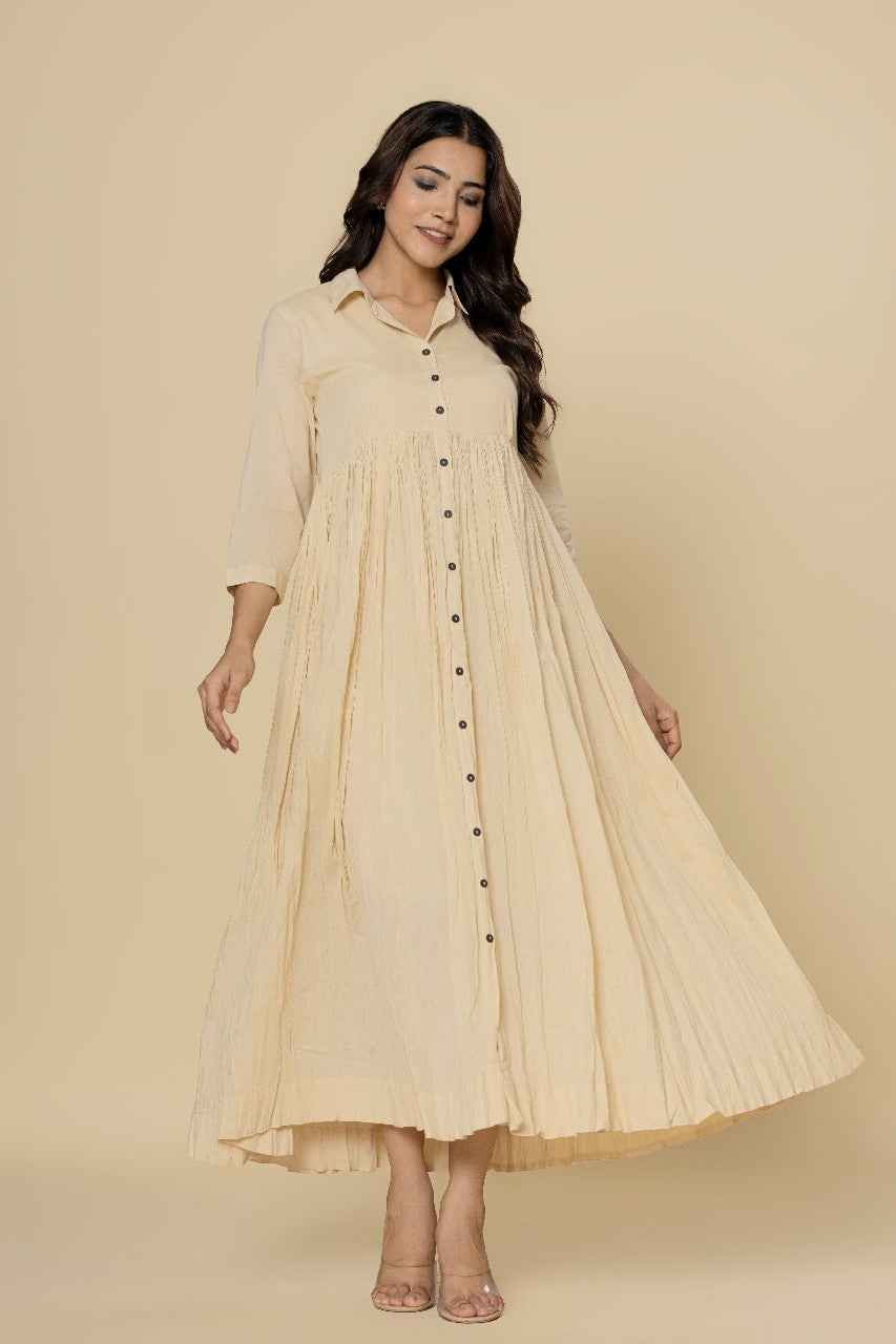 Naksh Off-White Solid Collared Long Gathered Kurta-Dress