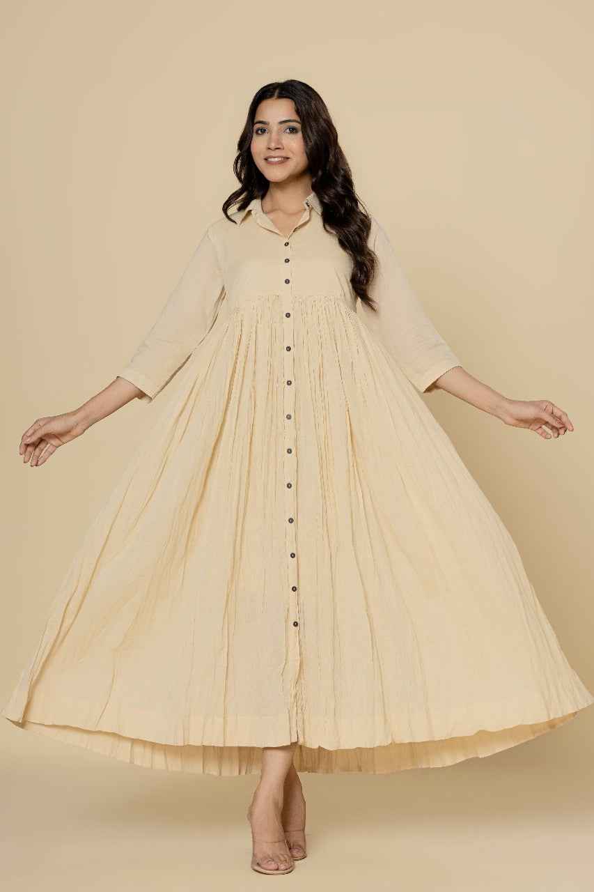 Naksh Off-White Solid Collared Long Gathered Kurta-Dress