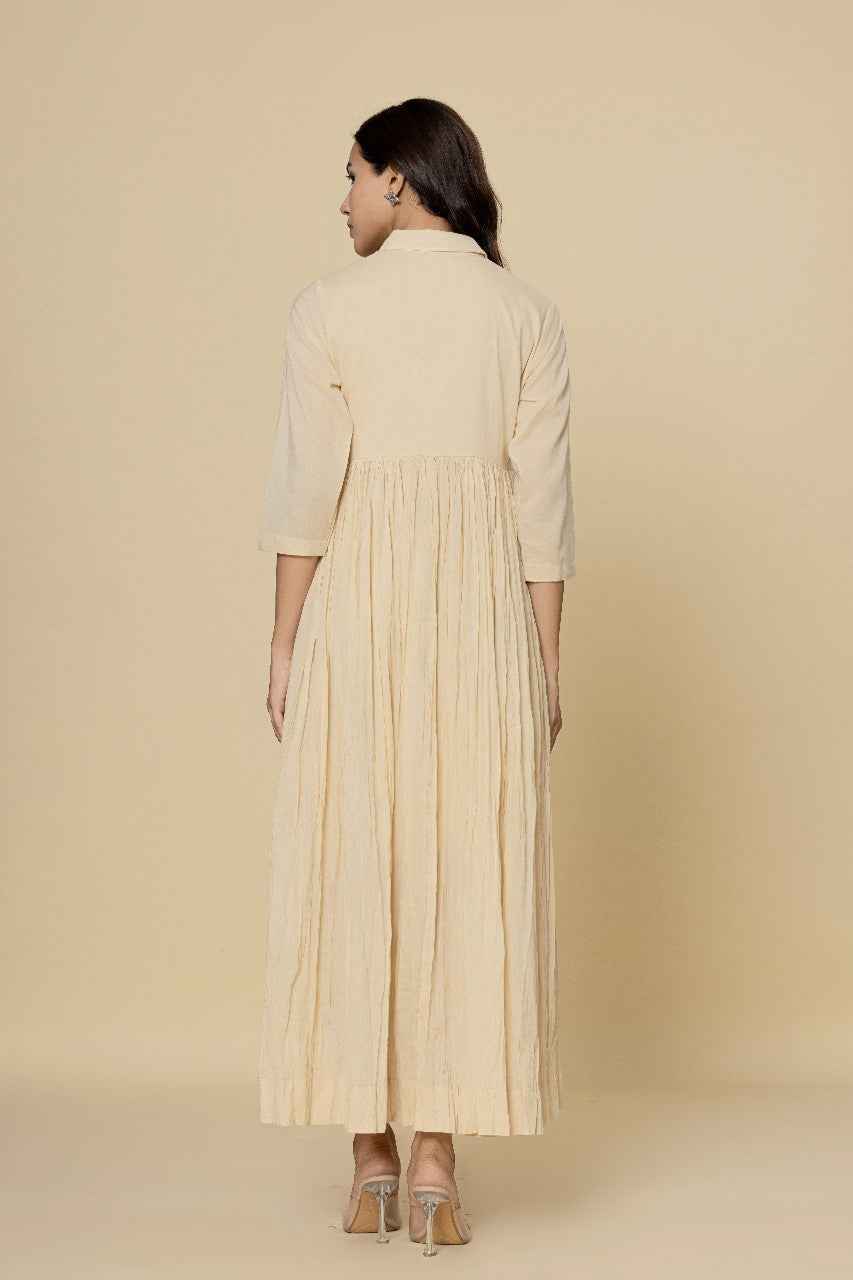 Naksh Off-White Solid Collared Long Gathered Kurta-Dress