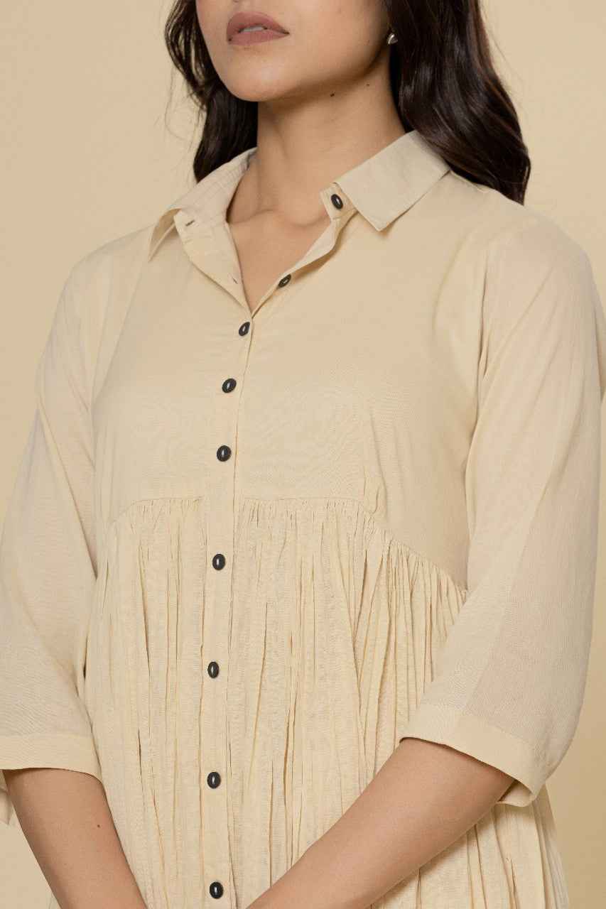 Naksh Off-White Solid Collared Long Gathered Kurta-Dress