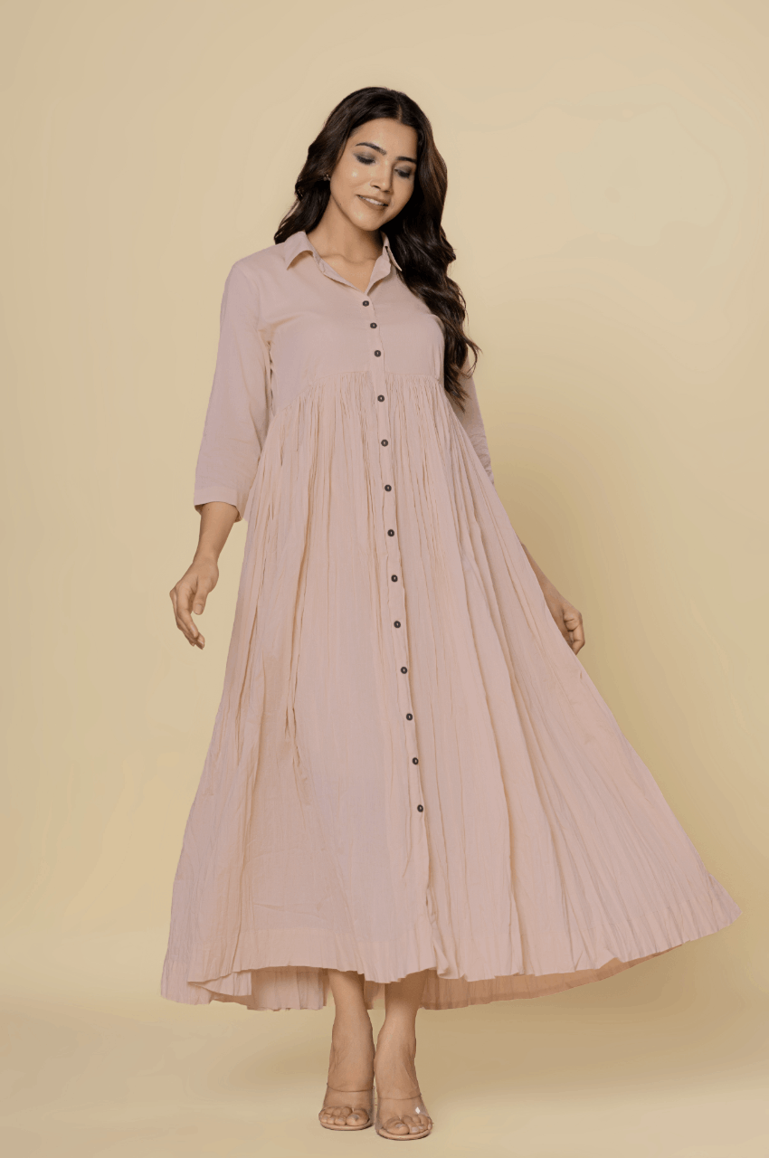 Naksh Dusty Pink Solid Collared Long Gathered Kurta-Dress