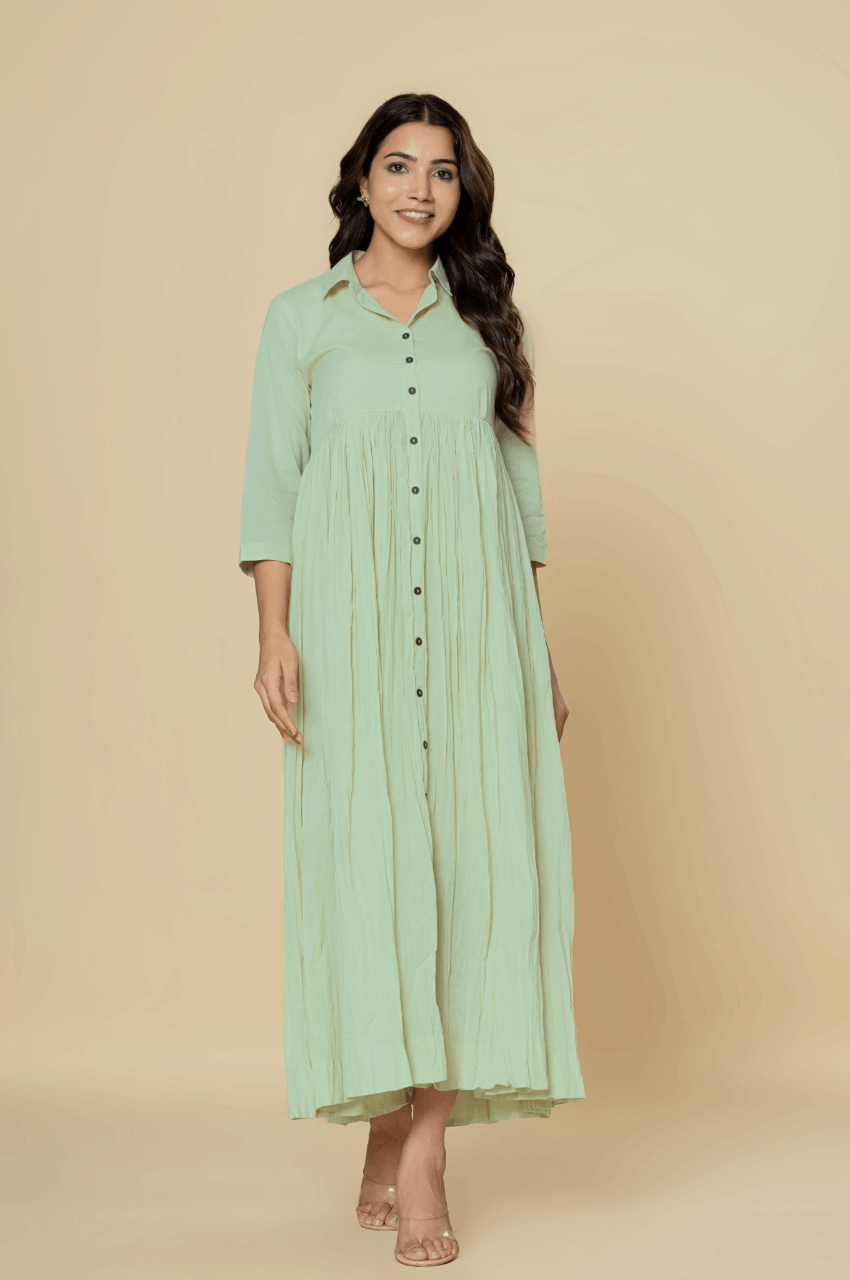 Naksh Light Green Solid Collared Long Gathered Kurta-Dress