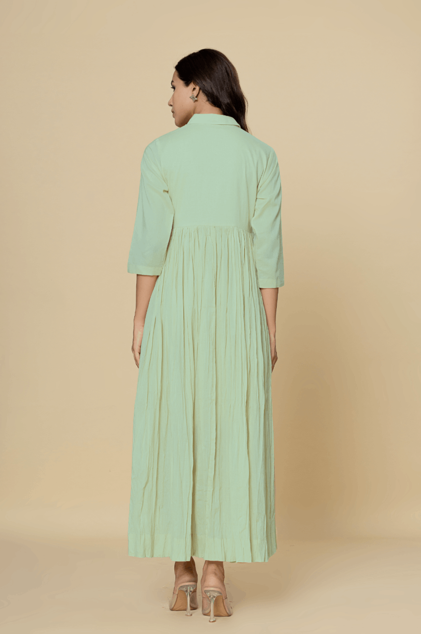 Naksh Light Green Solid Collared Long Gathered Kurta-Dress