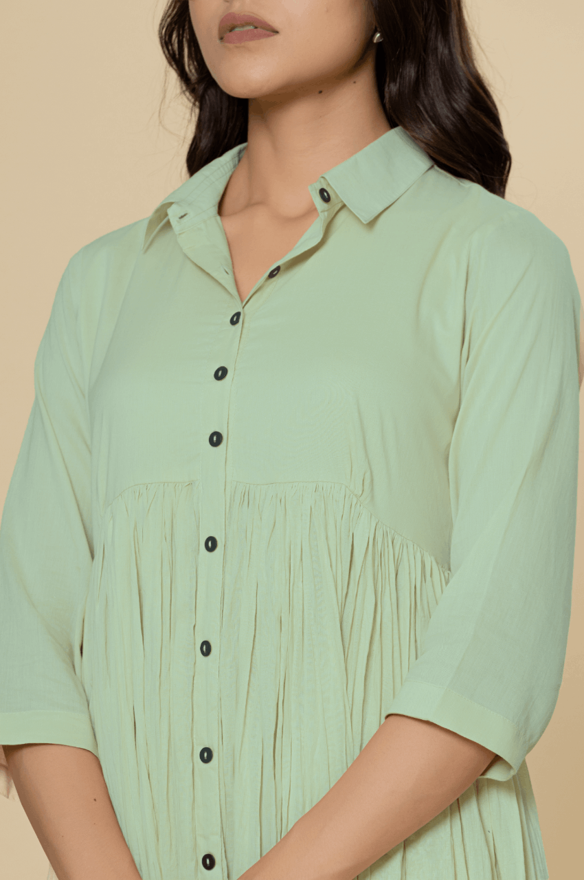 Naksh Light Green Solid Collared Long Gathered Kurta-Dress - Naksh Jaipur