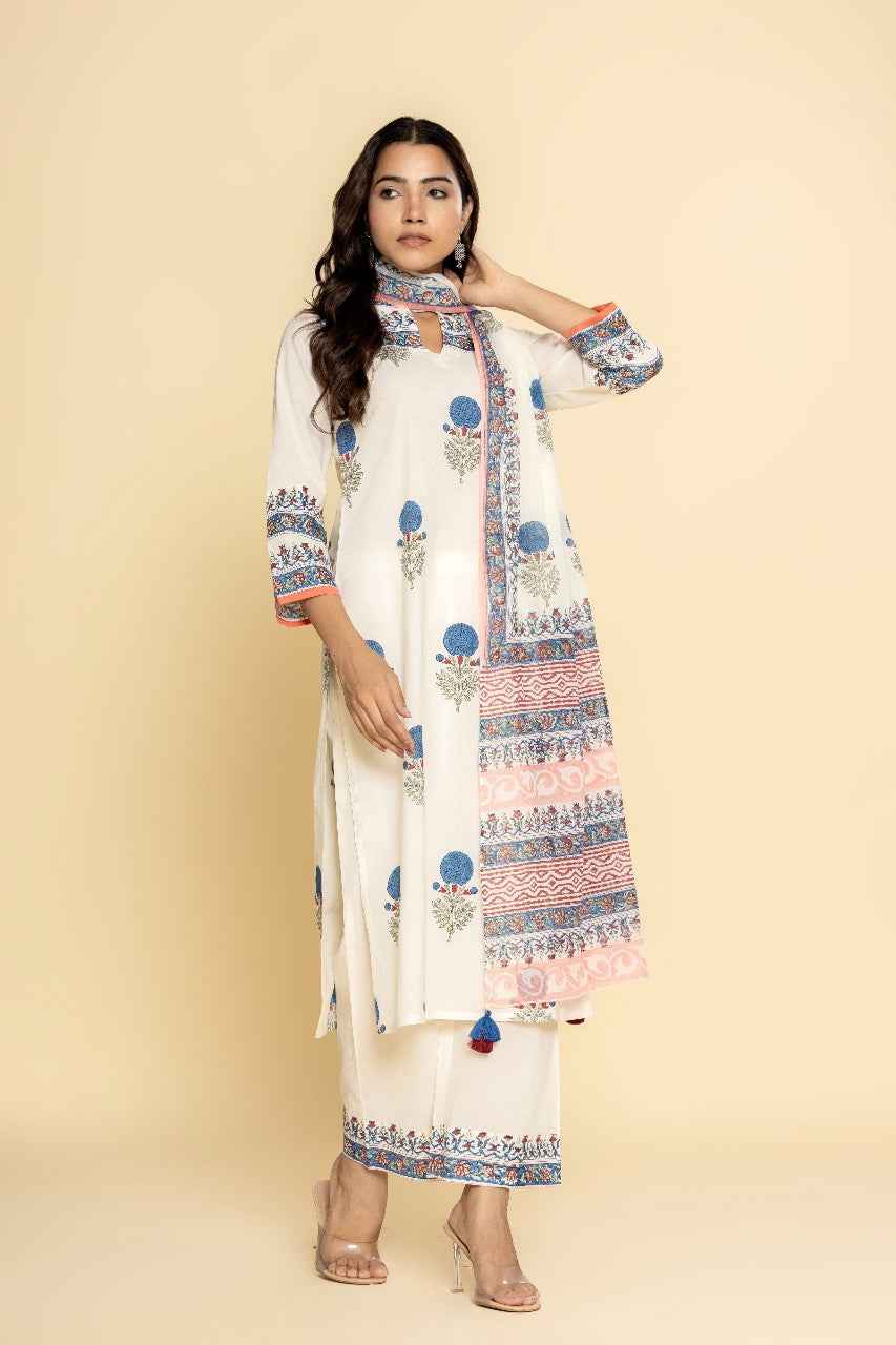 (Set of 3) Naksh Ivory Printed Straight Kurta, Dupatta And Pants