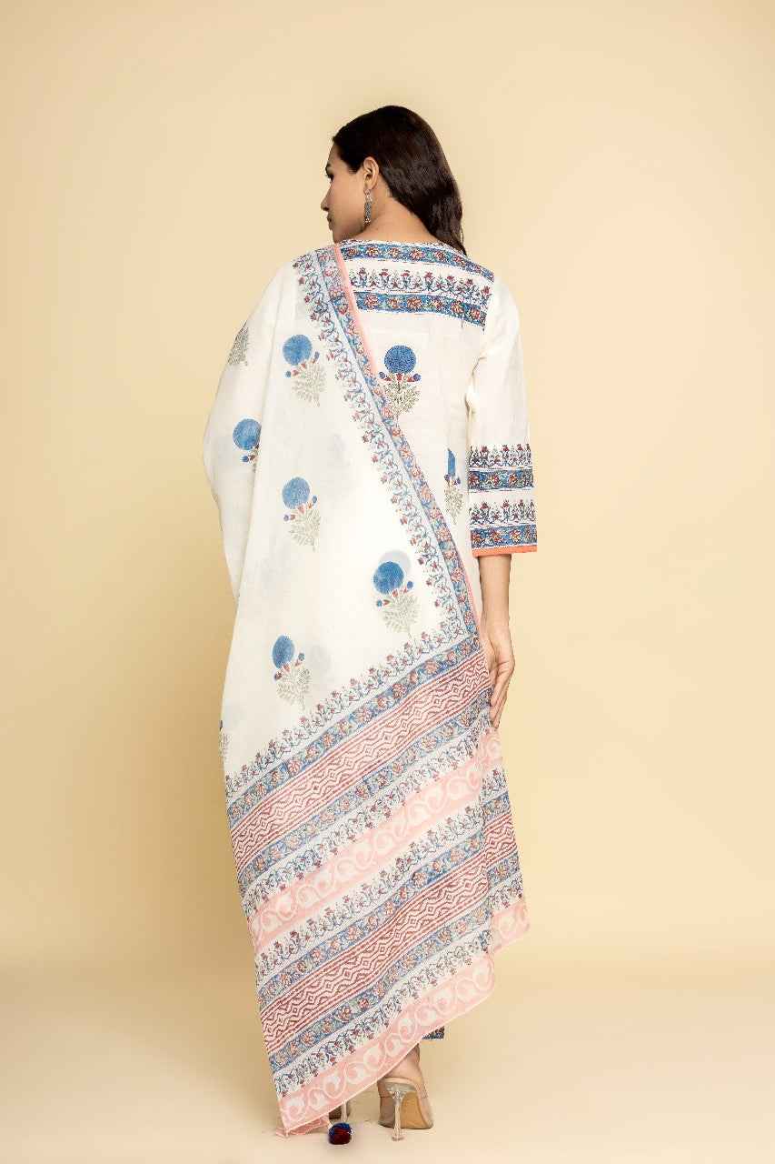 (Set of 3) Naksh Ivory Printed Straight Kurta, Dupatta And Pants