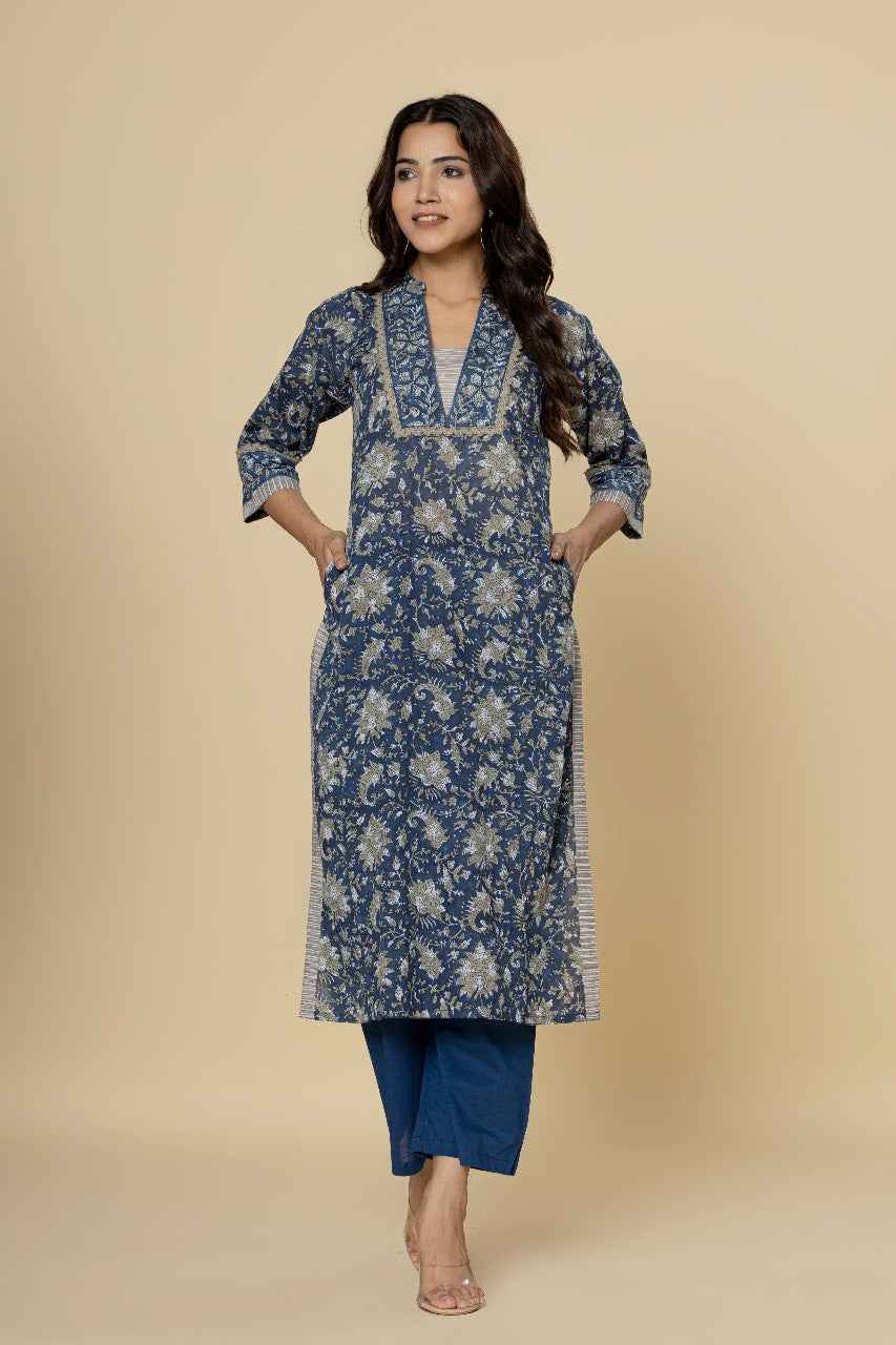 (Set of 2) Naksh Blue Straight Kurta and Pants