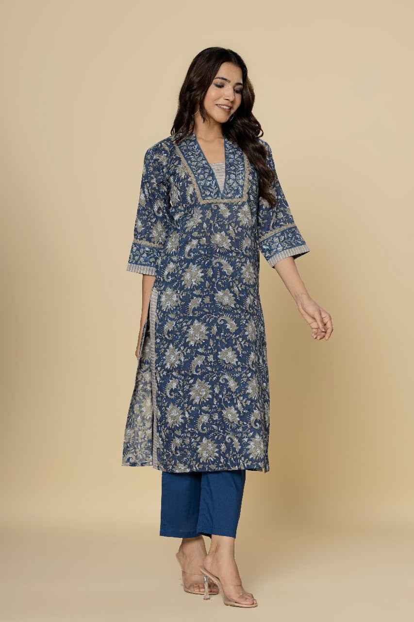 (Set of 2) Naksh Blue Straight Kurta and Pants