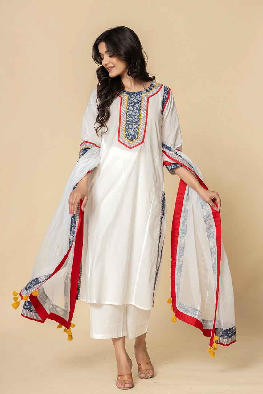 (Set of 2) Naksh White Straight Kurta And Dupatta