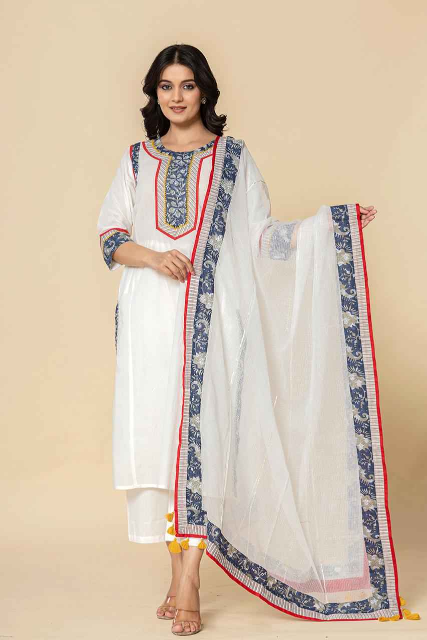 (Set of 2) Naksh White Straight Kurta And Dupatta