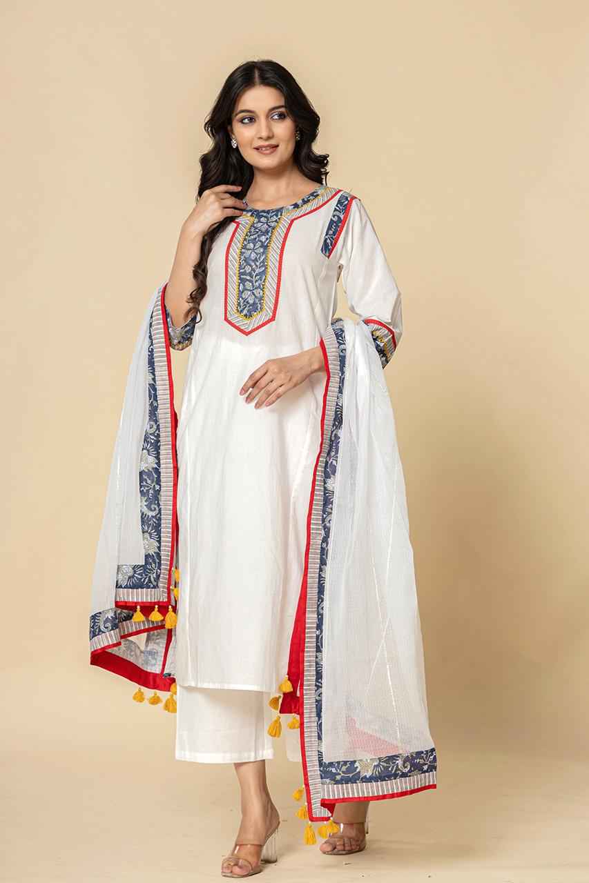 (Set of 2) Naksh White Straight Kurta And Dupatta