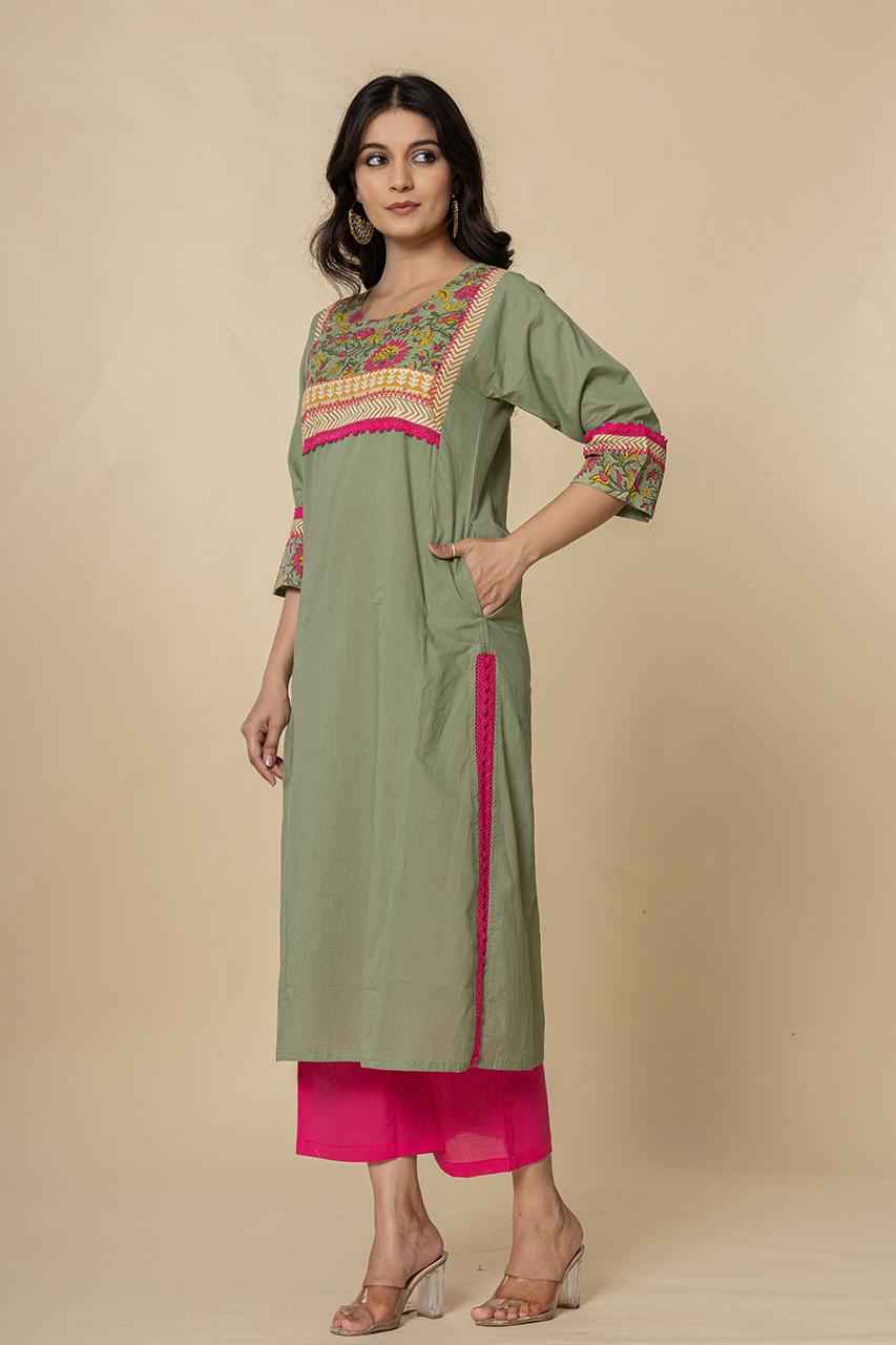 (Set of 2) Naksh Fern Green Straight Kurta-Pants