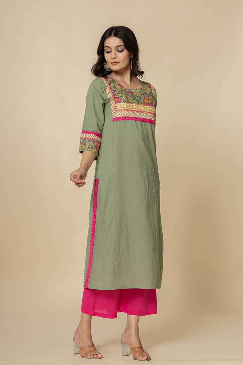 (Set of 2) Naksh Fern Green Straight Kurta-Pants