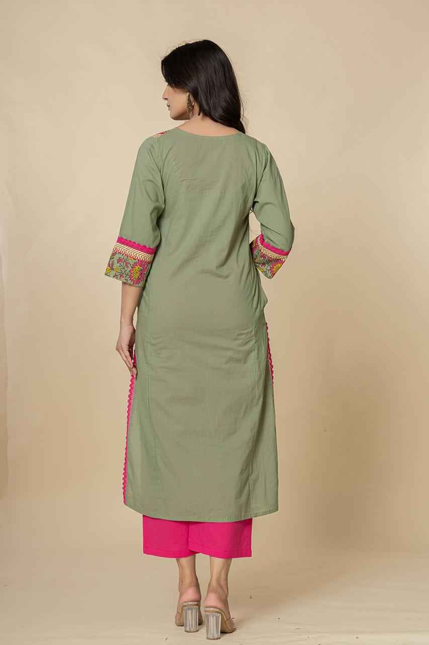 (Set of 2) Naksh Fern Green Straight Kurta-Pants