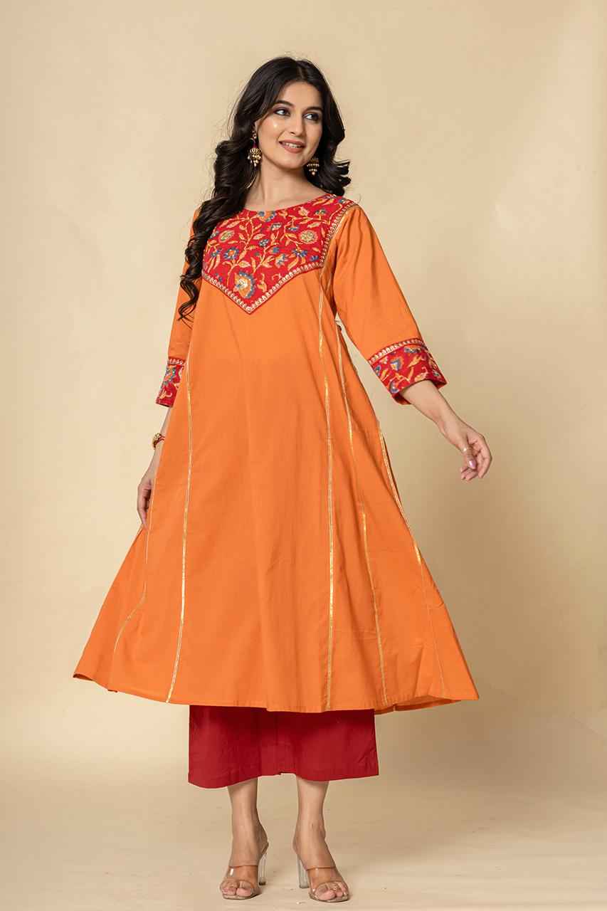 (Set of 2) Naksh Orange Red Cotton A-Line Kurta and Pants