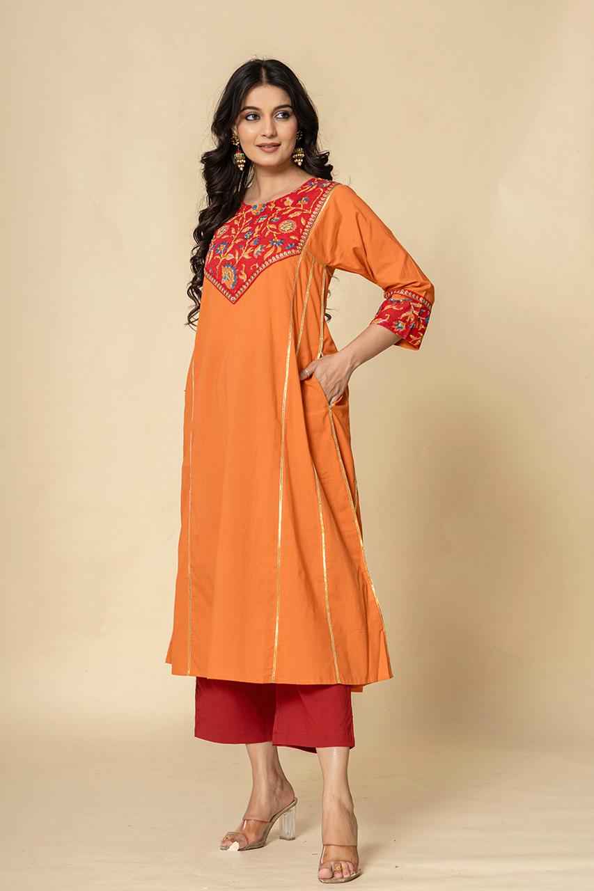 (Set of 2) Naksh Orange Red Cotton A-Line Kurta and Pants