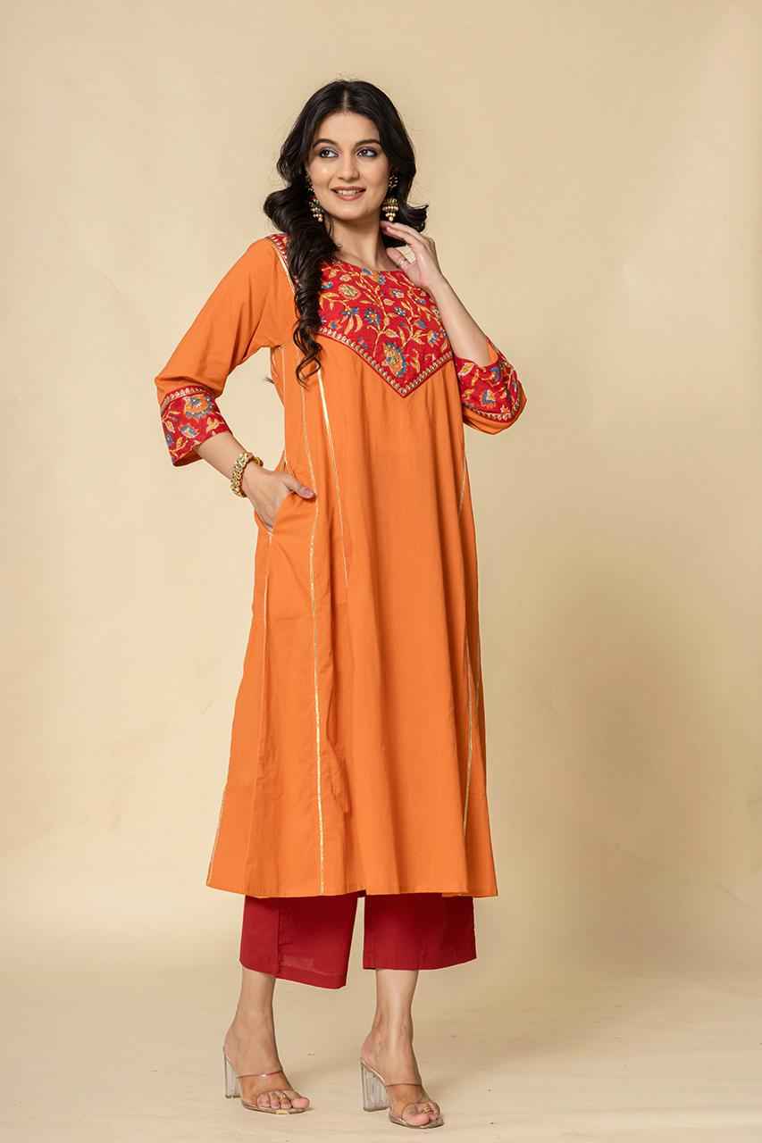 (Set of 2) Naksh Orange Red Cotton A-Line Kurta and Pants