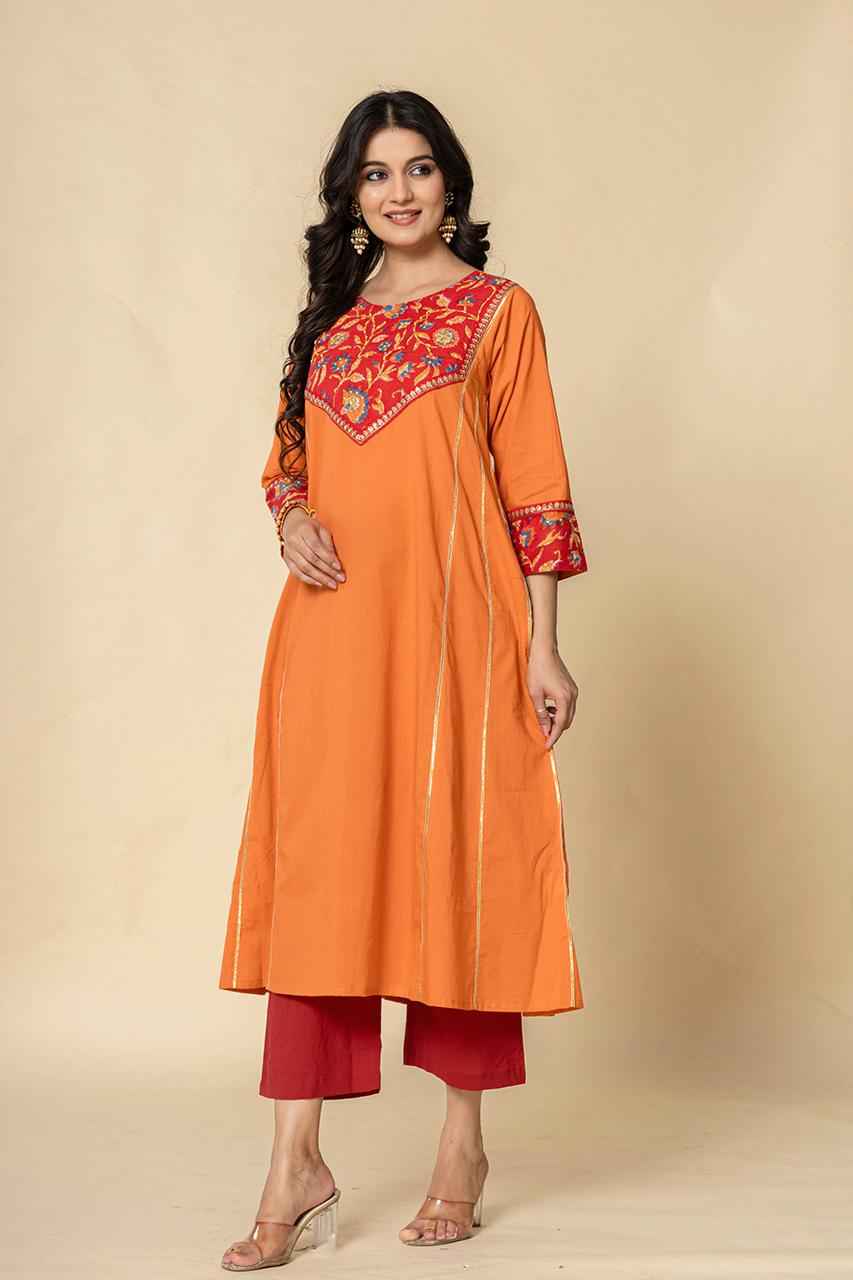 (Set of 2) Naksh Orange Red Cotton A-Line Kurta and Pants