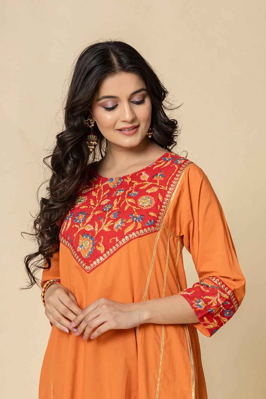 (Set of 2) Naksh Orange Red Cotton A-Line Kurta and Pants
