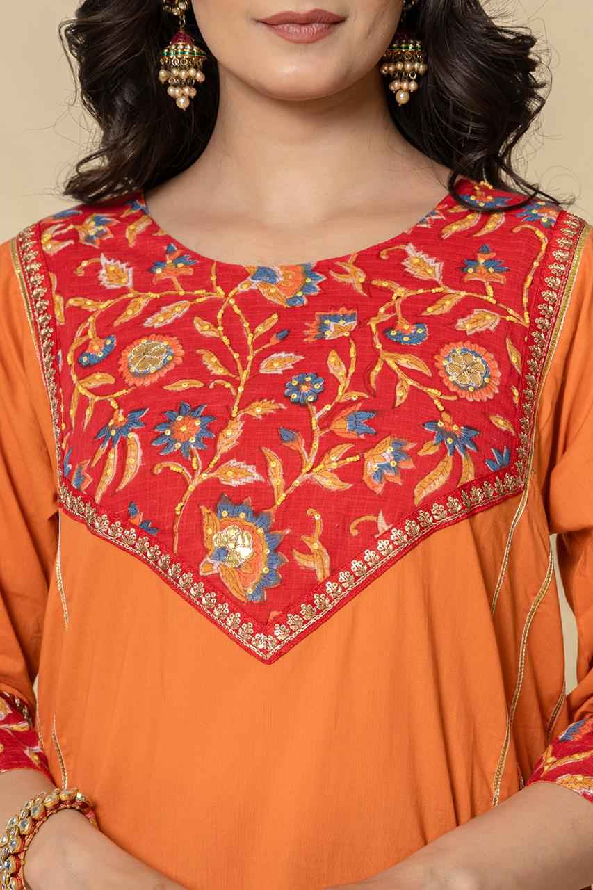 (Set of 2) Naksh Orange Red Cotton A-Line Kurta and Pants
